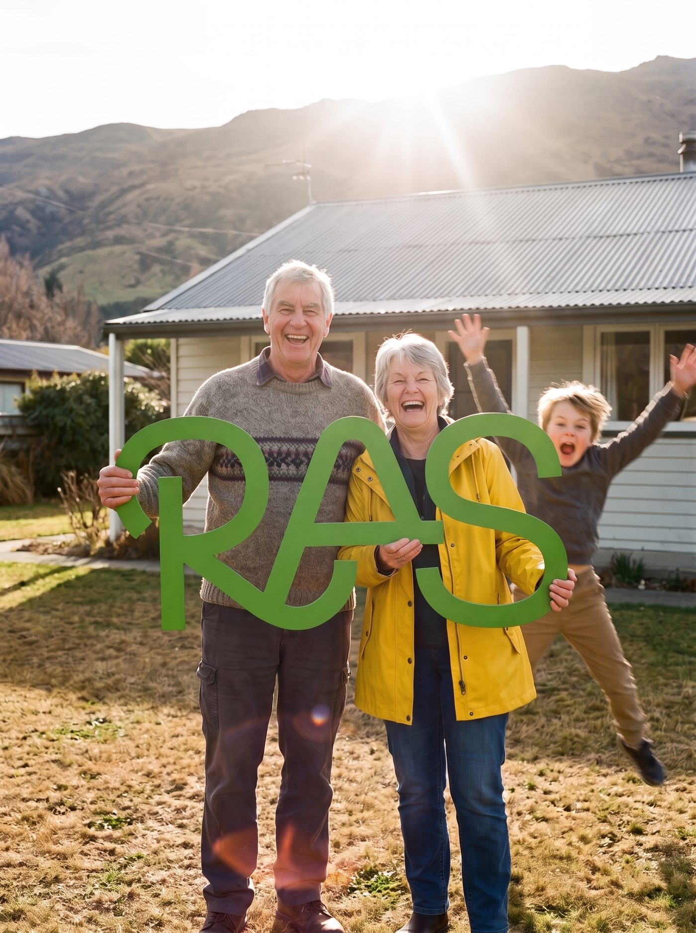 A retired couple laughing on the lawn of their weatherboard home holding a large green RAS sign, while a grandchild leaps into the shot behind them