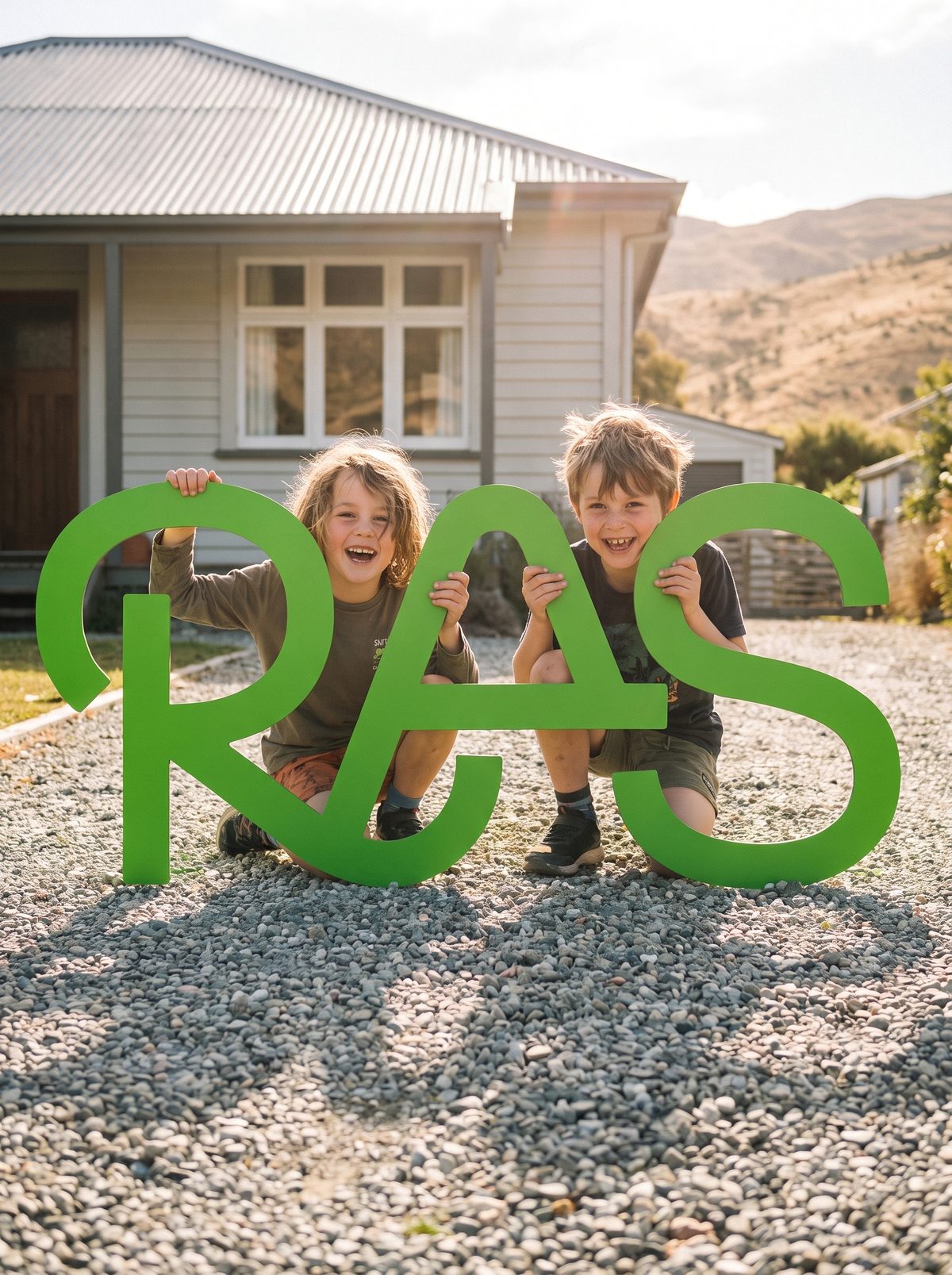 Two kids on a gravel driveway grinning over the top of a large green RAS sign