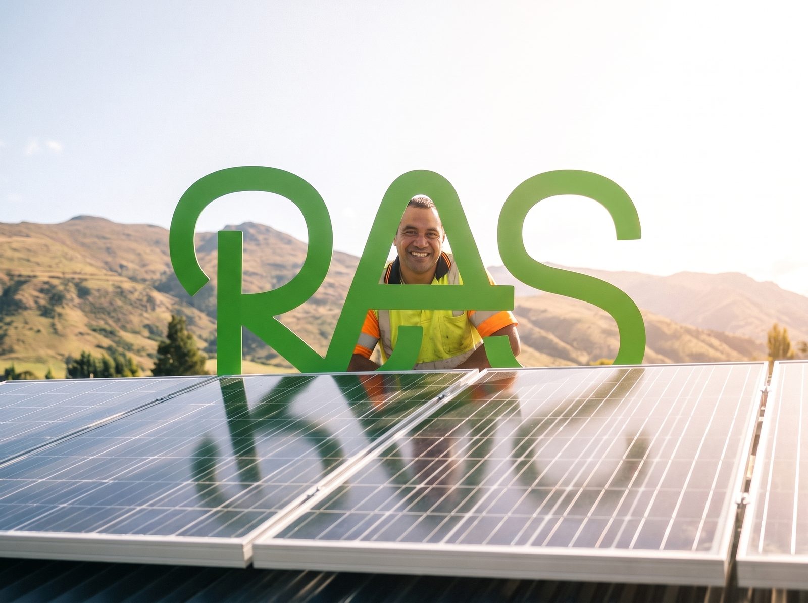 A solar installer on a corrugated iron roof grinning from behind a large green RAS sign, Central Otago hills behind
